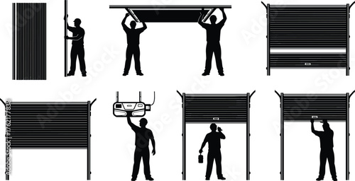 Silhouette vector illustration of architects and engineers with hard hats reviewing construction blueprints on tables, teamwork, planning, supervision, collaboration, and industry