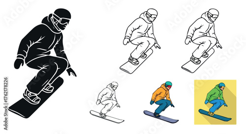 Ski Snowboard Icon Set. Vector icon ski snowboard same pose same proportions four styles black solid glyph outline minimal flat multicolor filled cartoon fla