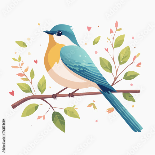 Charming illustration of a small, colorful bird perched on a leafy branch, with delicate heart-shaped leaves and buds scattered around, creating a whimsical springtime scene