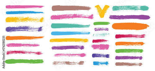 Brush Stroke. Colorful. Grunge. A large vector set of various hand-painted brush strokes for a creative background, a text underline, a design texture, or an artistic graphic element.