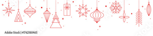 Red hanging Christmas decorations, holidays border, ornament