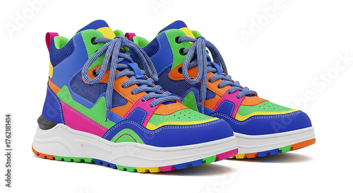 High-top street sneakers mockup, vibrant youth fashion, isolated on white background