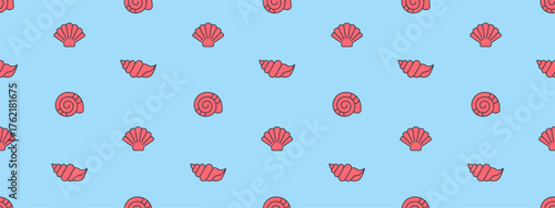 Seamless pattern with cute red shell. Hand drawn travel and summer background with seashell. Cartoon flat pattern with sea objects, vector illustration