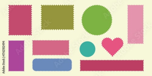 Collection of colorful postage stamp shapes with scalloped edges on cream background Keywords