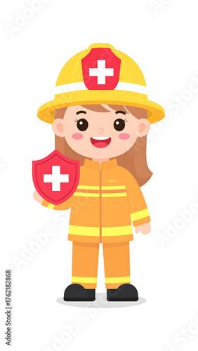 Cute Cartoon Female Firefighter Character with Protective Uniform and Helmet, Holding a Medical Cross Shield, Representing Safety, Protection, and First Aid Assistance