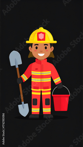 Cartoon Firefighter with Equipment Shovel, Bucket, and Protective Gear on a Dark Background