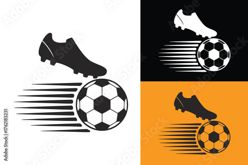Dynamic Black and White Soccer Cleat and Ball with Speed Lines Graphic, Isolated on White for Football Sports Themes