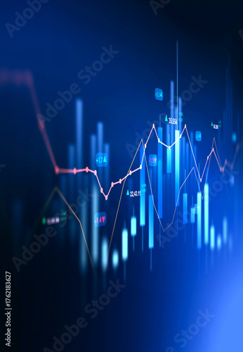 Vertical image of financial data charts with glowing stock market graphs.Stock market investment data and analysis finance graph. Business financial chart with moving up arrow graph.	