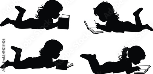  Children reading silhouette vector, kids lying on stomach, book learning pose, black i