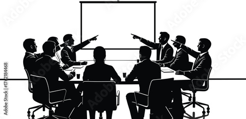 Business meeting, corporate discussion, silhouette illustration, formal attire, teamwork concept, strategy planning, office conference, presentation screen, decision-making, leadership debate