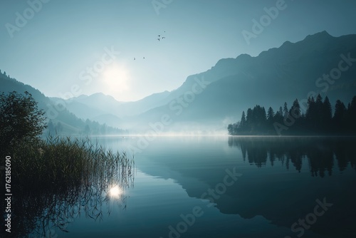 Peaceful morning landscape with soft sunlight lake