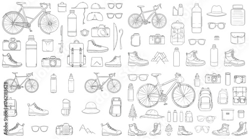 Line art illustration set of outdoor gear, bicycles, backpacks, boots, and travel accessories. Ideal for hiking, cycling, adventure tourism, and minimalist vector icon design projects.