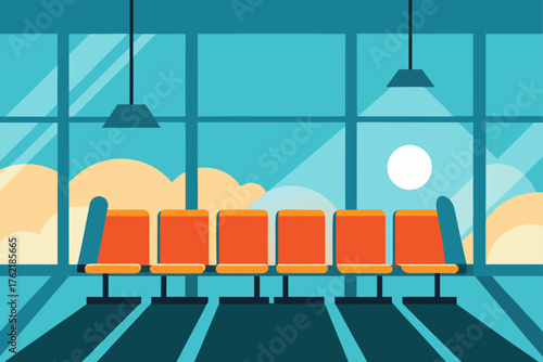 Modern airport waiting area with orange seats and large windows