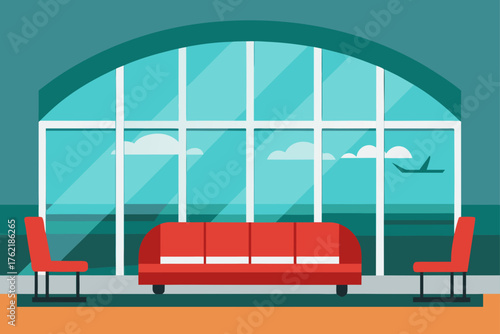 Modern airport waiting lounge with large windows and airplane view