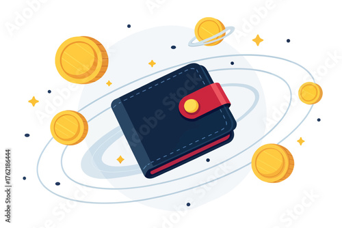 Wallet with gold coins orbiting in space money finance