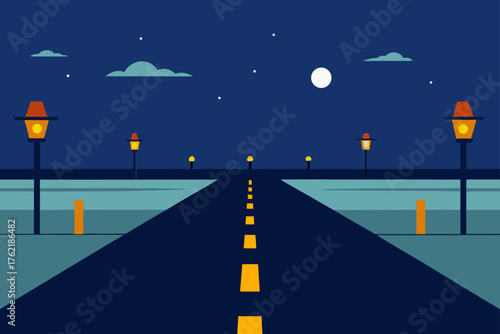 Flat design night road with streetlights and moon