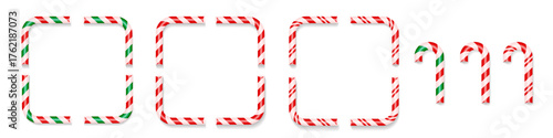 Christmas Candy Cane frames And Corner Pieces set. 3d Lines With Striped Candy Patterns. Christmas Vector Illustration Elements