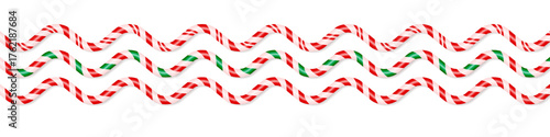 Three Candy cane borders set. Red, green and white stripes. 3d Vector illustration with shadow