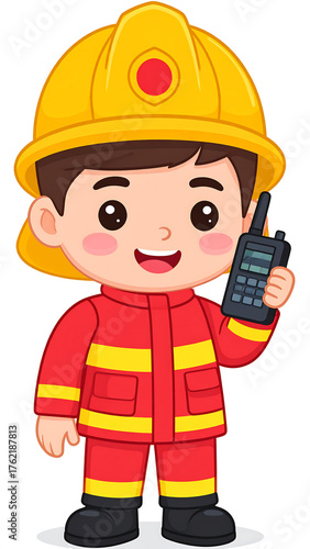 Cartoon Firefighter Character Holding a Radio Communicator, Ready to Respond to Emergencies