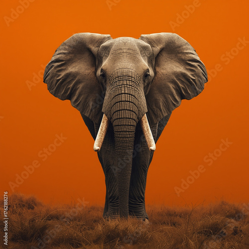 an elephant against a sunset and an orange sky