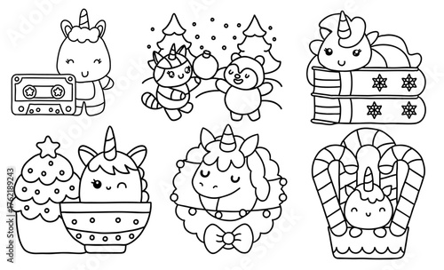 Christmas Unicorn and friends concepts, Cute unicorns celebrate Christmas with festive elements like trees, gifts