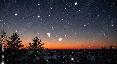 Mesmerizing winter twilight scene with gentle snowfall over silhouetted evergreen trees, a serene and picturesque landscape capturing the peaceful beauty of a cold evening