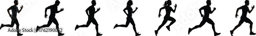 Row of black silhouettes depicting multiple people running in various stages of motion against a white background.