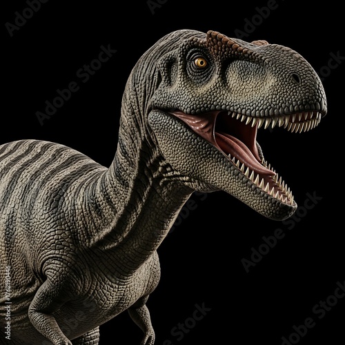 A fierce, detailed close-up of a theropod dinosaur head and torso against a stark black backdrop. Its mouth is open