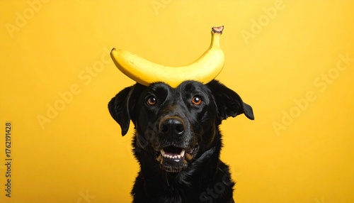 Black dog balancing a banana on its head against a bright yellow background, playful and surreal.
