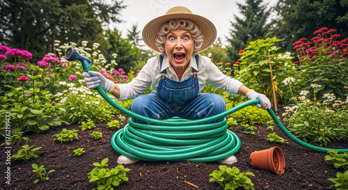 Flabbergasted Octogenarian Ensnared in Coiled Garden Hose