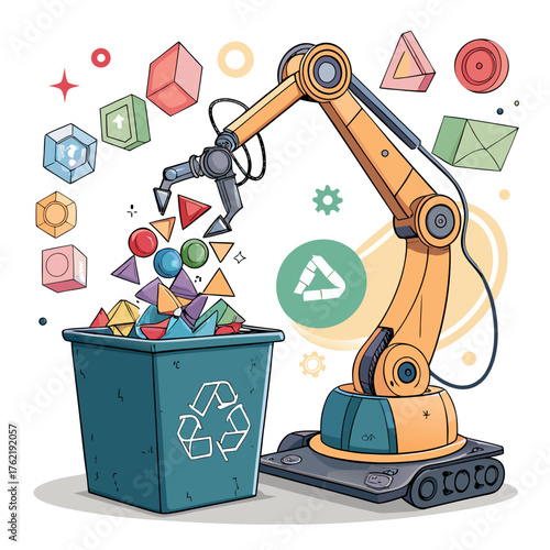 Robotic arm sorting geometric shapes into a recycling bin, A concept of automation and waste management, Vector illustration - Generative AI
