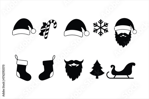 Festive christmas silhouette icons featuring santa hats beards stockings tree and sleigh