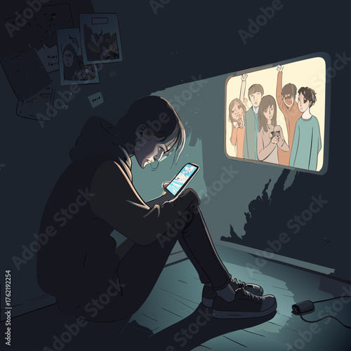 A lonely person on a smartphone feeling isolated from a happy group, A concept of social media addiction and FOMO, Vector illustration - Generative AI
