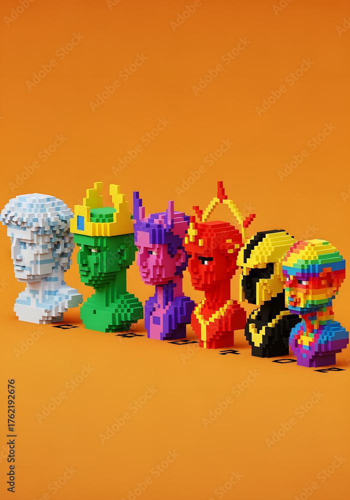 Fototapeta premium Colorful Pixelated Bust Sculptures in Profile on Orange Background