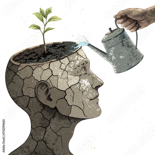 Healing and growth of the mind, A hand watering a sprout in a cracked statue head, Vector illustration - Generative AI
