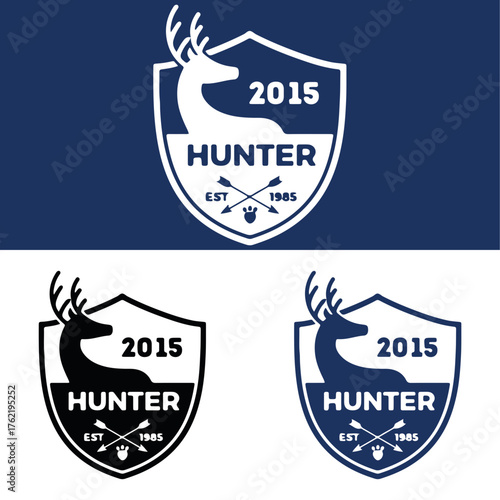Deer hunter logo design with shield and crossed arrows Vector