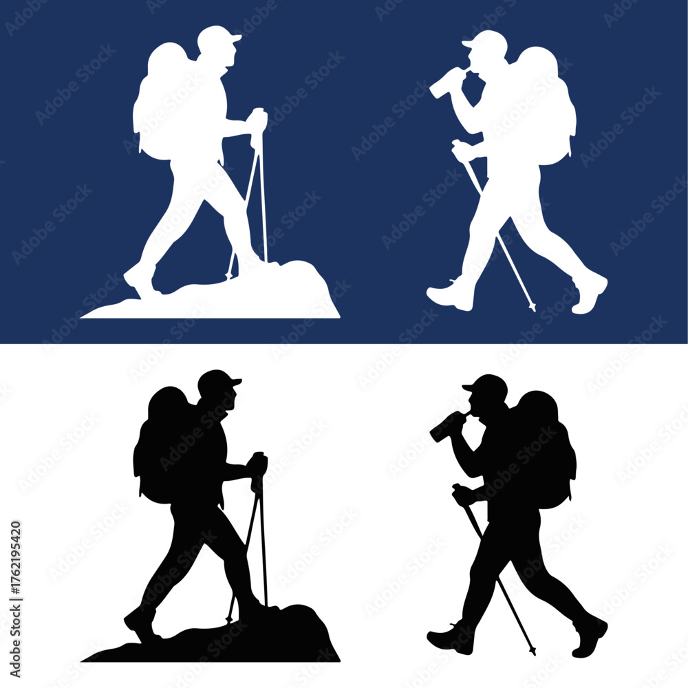 Obraz premium Hikers trekking with backpacks in contrasting silhouettes Vector