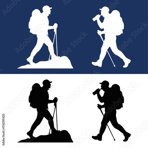 Hikers trekking with backpacks in contrasting silhouettes Vector