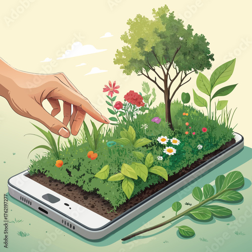 Digital nature concept, A hand touching a garden growing from a smartphone screen, Vector illustration - Generative AI
