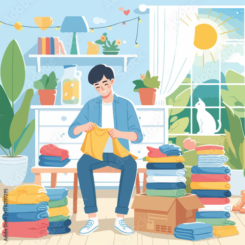 Illustration of a man folding clothes