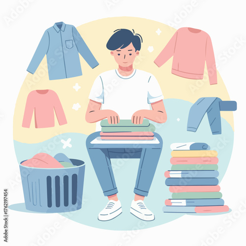 Illustration of a man folding clothes