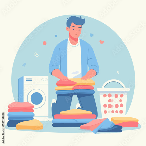 Illustration of a man folding clothes
