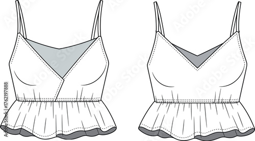 Sleeveless peplum top fashion sketch, wrap bodice blouse technical illustration, bust dart detail front and back, cad drawing flat vector illustration