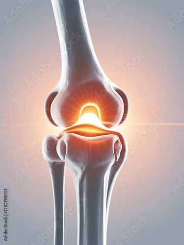 Anatomical illustration of a human knee joint with inflammation