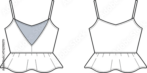 Sleeveless peplum top fashion sketch, technical garment illustration, V-neck blouse with inset panel, front and back view, cad drawing flat vector illustration