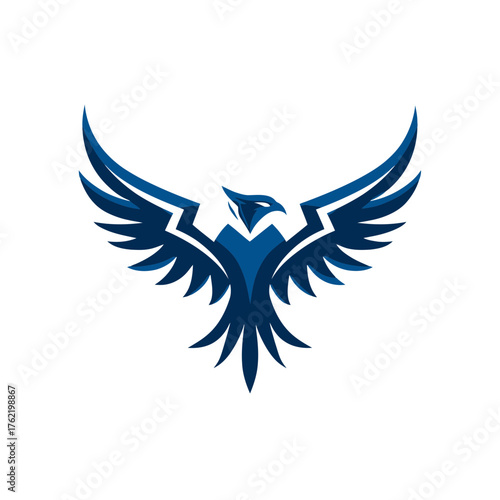 Stylized blue bird logo with outstretched wings, a powerful vector graphic symbol of an eagle or phoenix, ideal for modern design and branding.