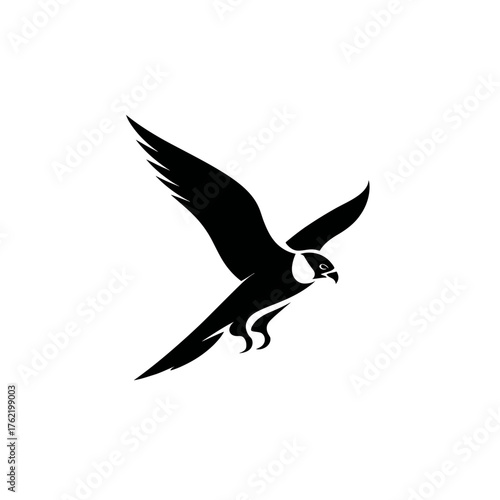 Majestic falcon in flight, a powerful bird of prey rendered as a striking black silhouette vector design element