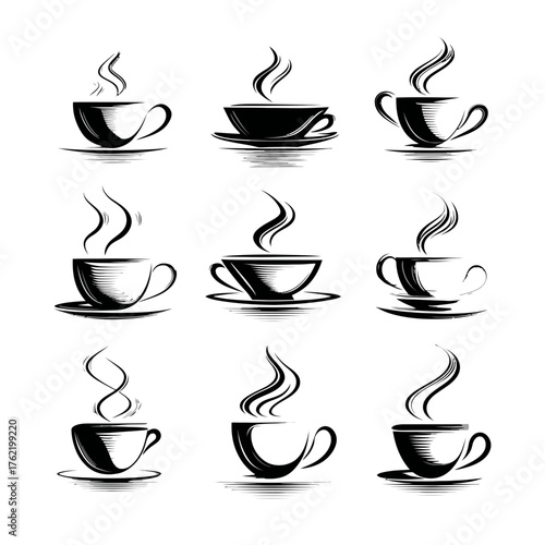 Collection of black and white hot coffee and tea cups with steam rising, elegant vector illustrations for cafe logos and icons.