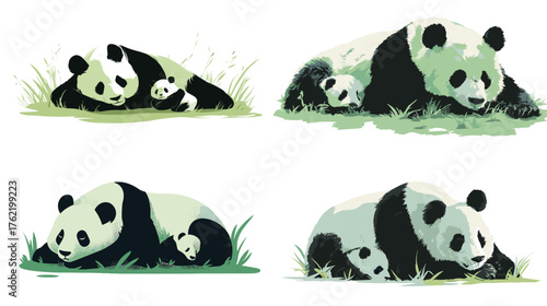 Cute vector illustration of panda mothers with cubs resting and cuddling on green grass. Perfect for wildlife posters, children’s books, zoo branding, and animal conservation projects.
