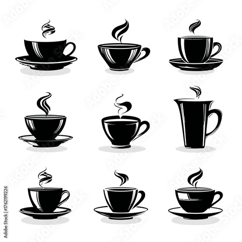 Collection of black and white hot coffee cups and mugs with steam. Set of various silhouettes for cafe, restaurant, and breakfast design.